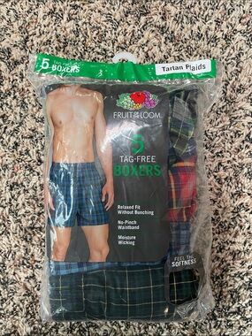 Fruit of the Loom Men's Tag-Free Plaid Boxers - Green & Blue Tartan (5-Pack) S